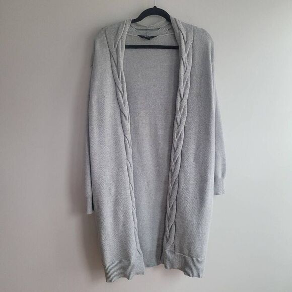 light grey longer length open front cardigan with braided details long sleeved - Picture 1 of 12